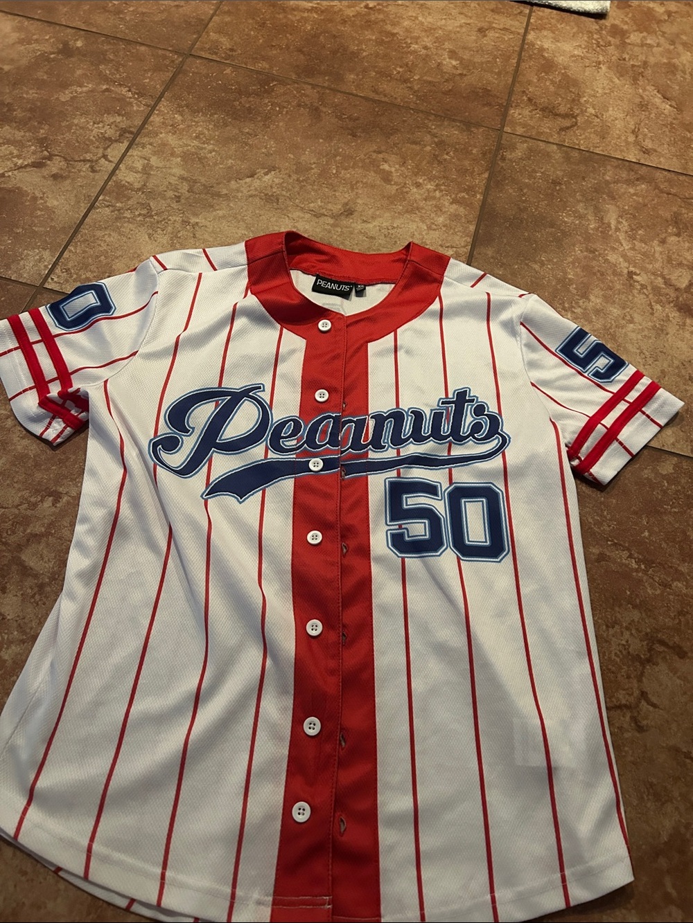 Peanuts White, Red & Blue Striped Baseball Jersey